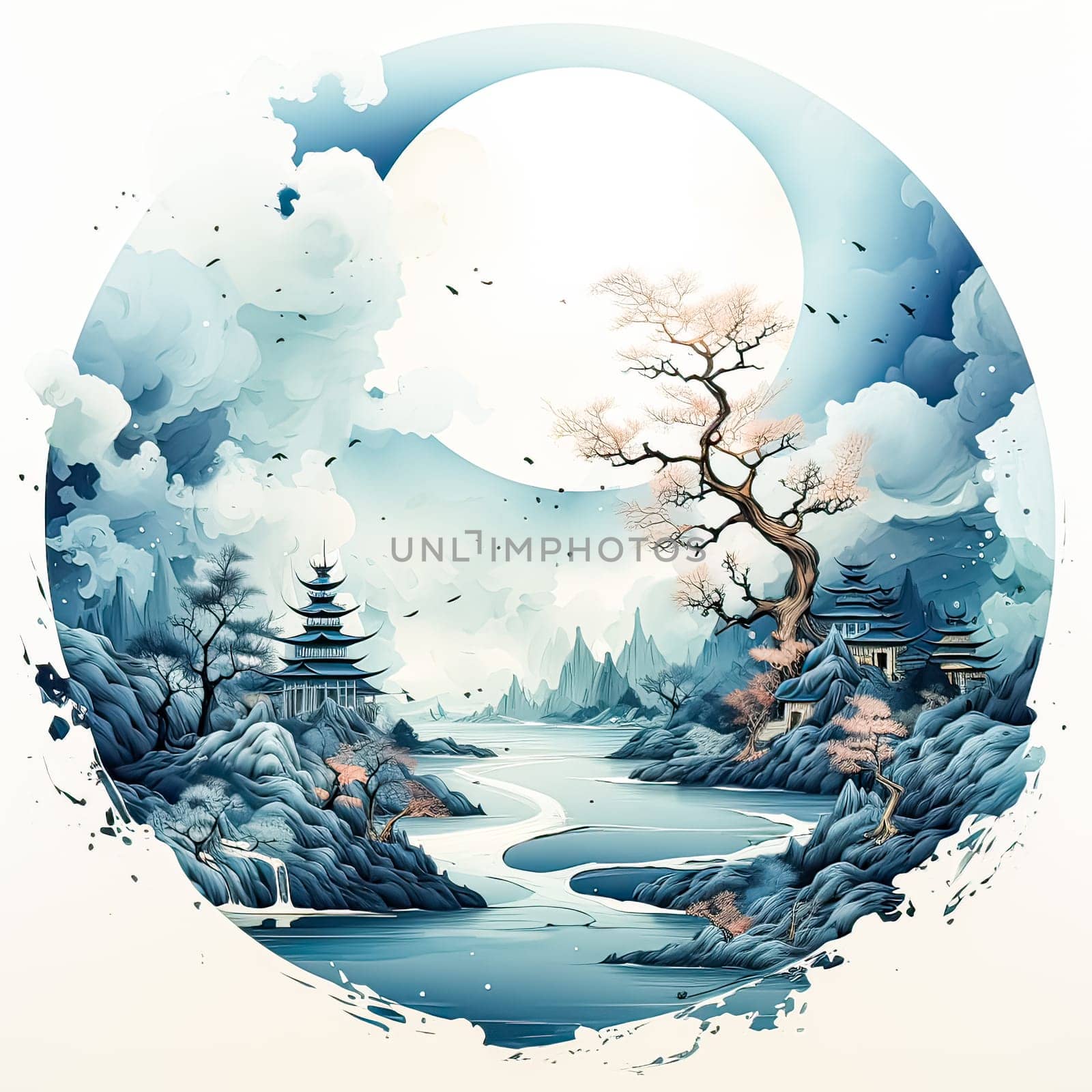 Serene watercolor landscape in soothing blues by Alla_Morozova93