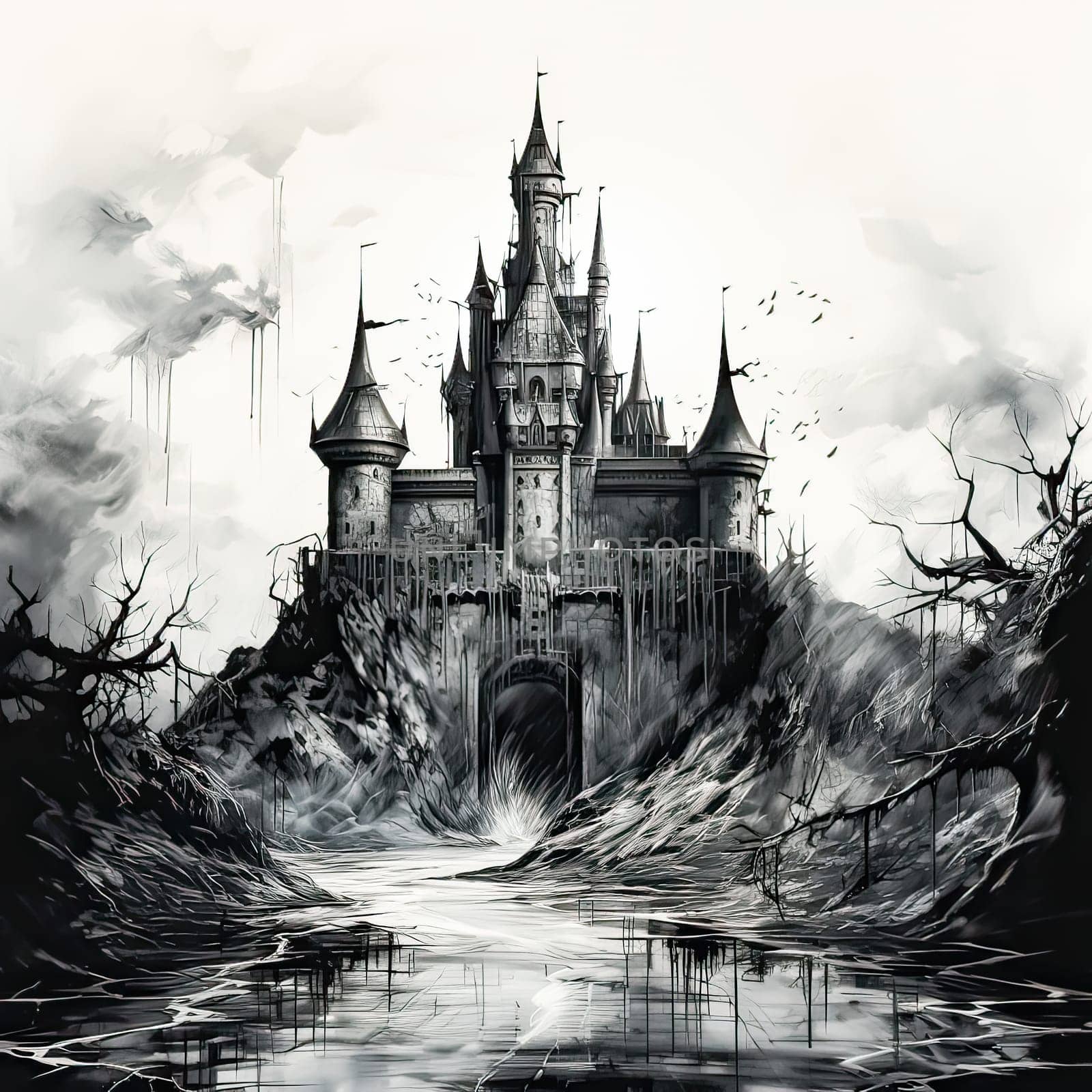 Gloomy castle in watercolor A haunting masterpiece, capturing the mystique and melancholy of an ancient fortress in the atmospheric hues