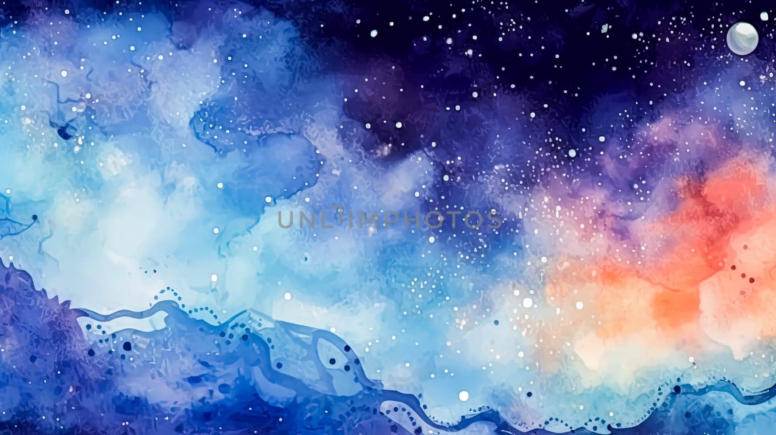 Watercolor magic unfolds in a starry sky, an enchanting celestial panorama that invites dreamers into the cosmic embrace of the night
