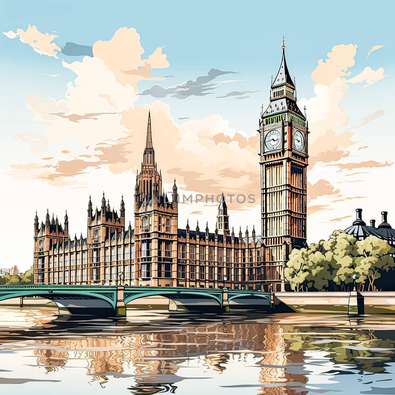 Sunsets embrace in watercolor Big Ben stands tall by Alla_Morozova93