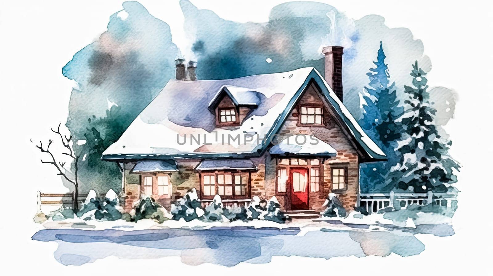 A cozy house nestled in a snowy forest, surrounded by Christmas trees a festive haven before the joyous holiday season
