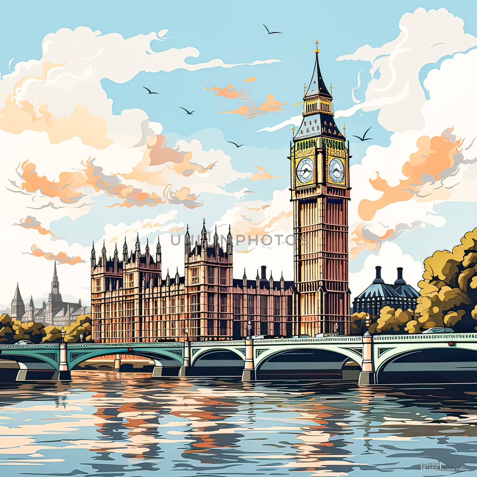 Sunsets embrace in watercolor Big Ben stands tall by Alla_Morozova93