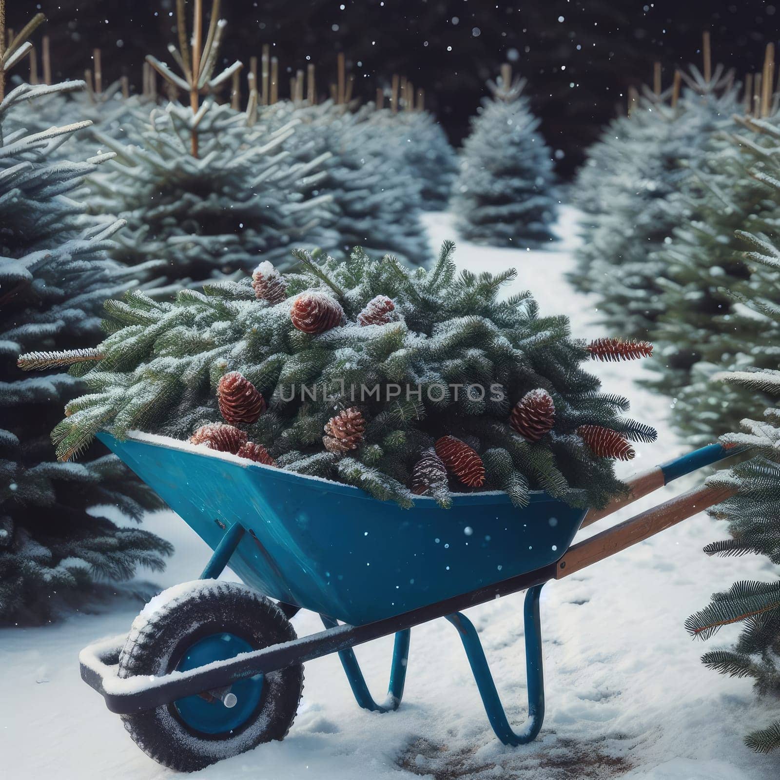 German Tradition: Families Choosing Christmas Trees on a Blue Carriage at Fir Plantation.