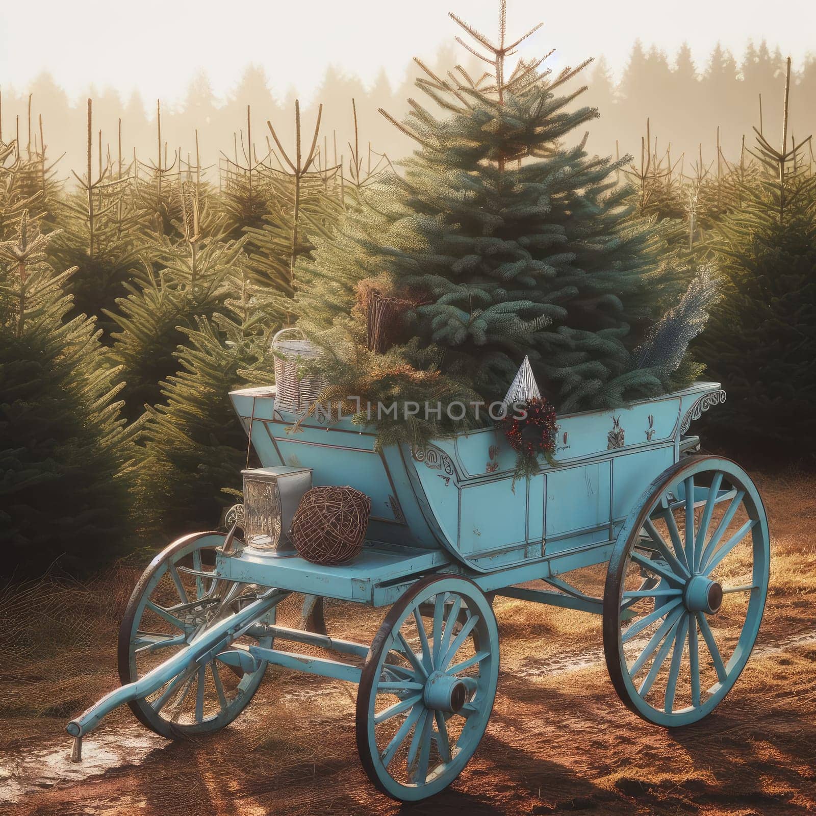 German Tradition: Families Choosing Christmas Trees on a Blue Carriage at Fir Plantation.