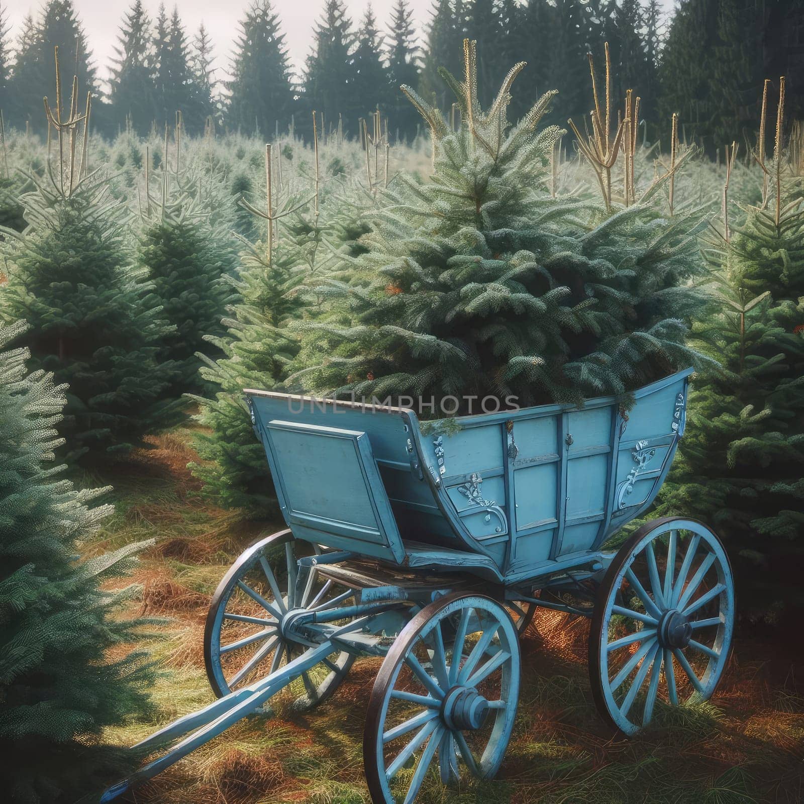 German Tradition: Families Choosing Christmas Trees on a Blue Carriage at Fir Plantation.