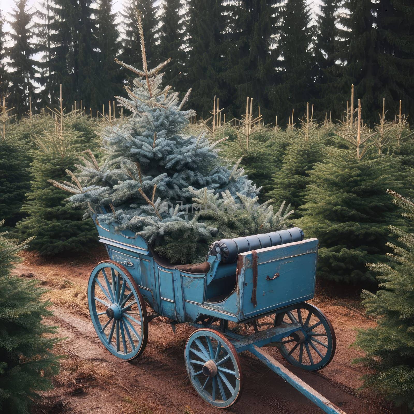 German Tradition: Families Choosing Christmas Trees on a Blue Carriage at Fir Plantation.