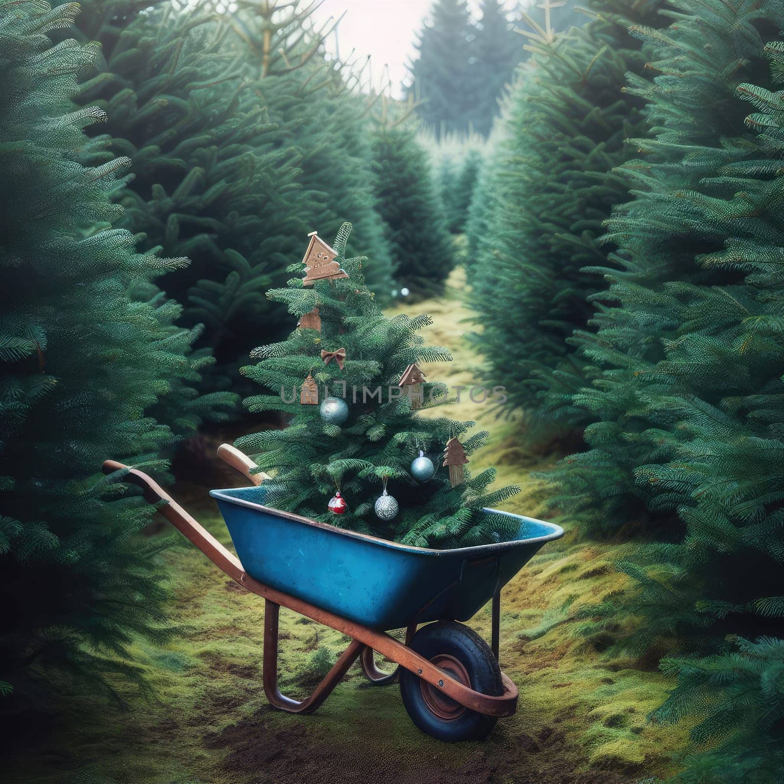 German Tradition: Families Choosing Christmas Trees on a Blue Carriage at Fir Plantation.