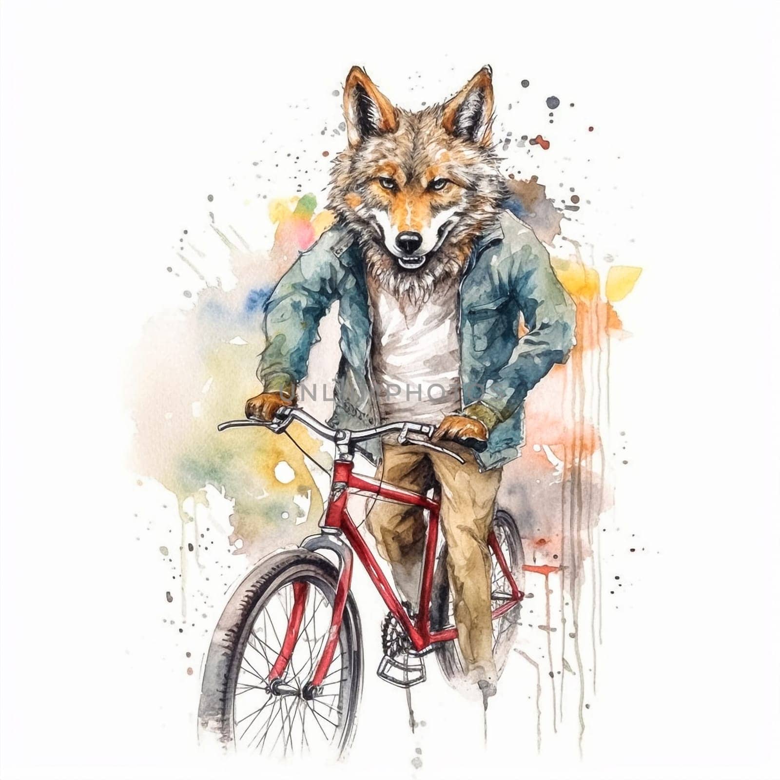 The watercolor adventure of Wolf on a Bike unfolds, a thrilling combination of nature and machine that captures the wild spirit of the open road in vibrant color.