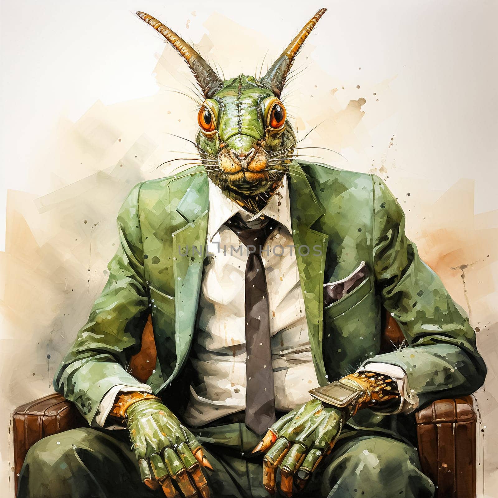 A business watercolor grasshopper in an elegant suit by Alla_Morozova93