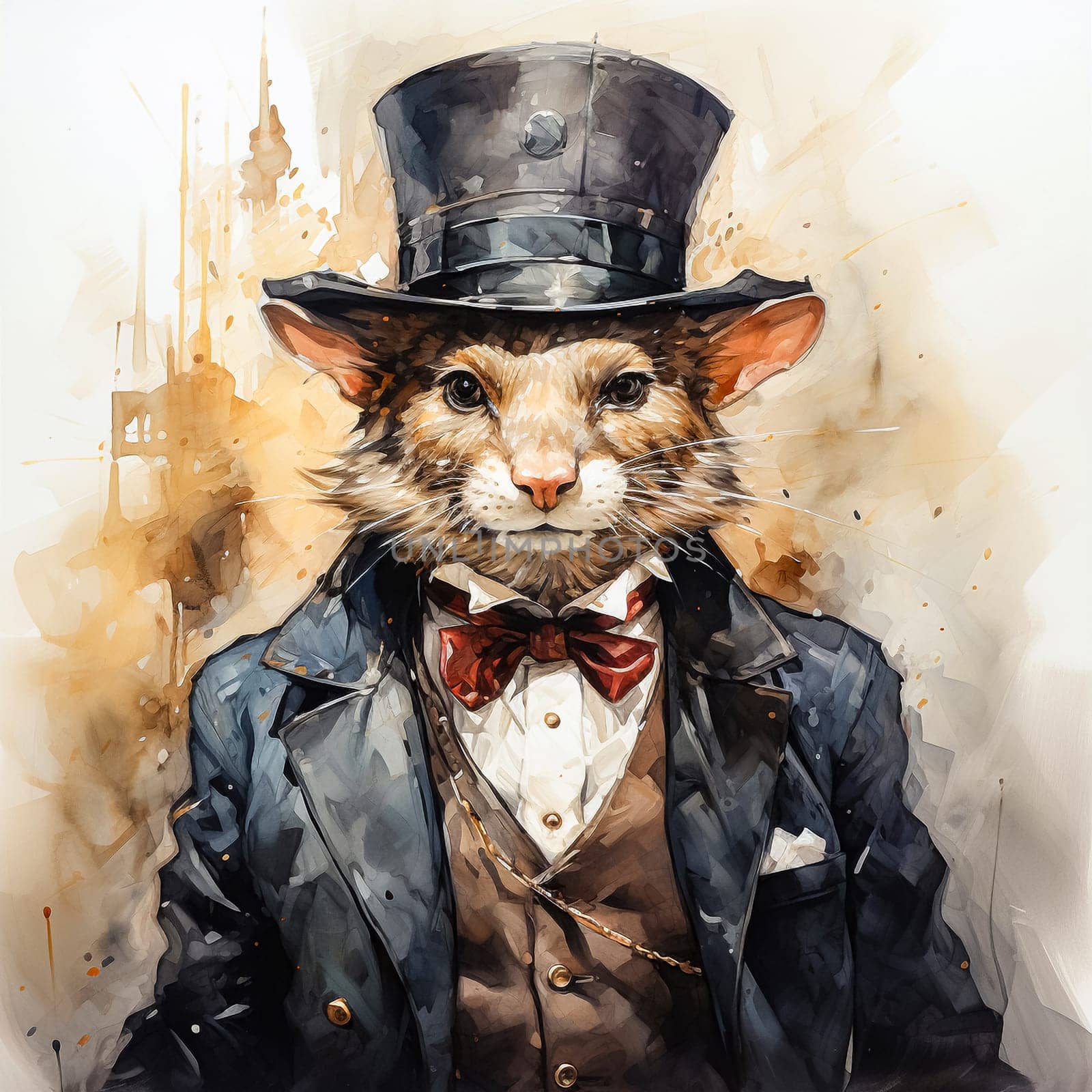 A business watercolor of a mouse in an elegant suit is a whimsical combination of the business world and natural charm, depicted with artistic flair.