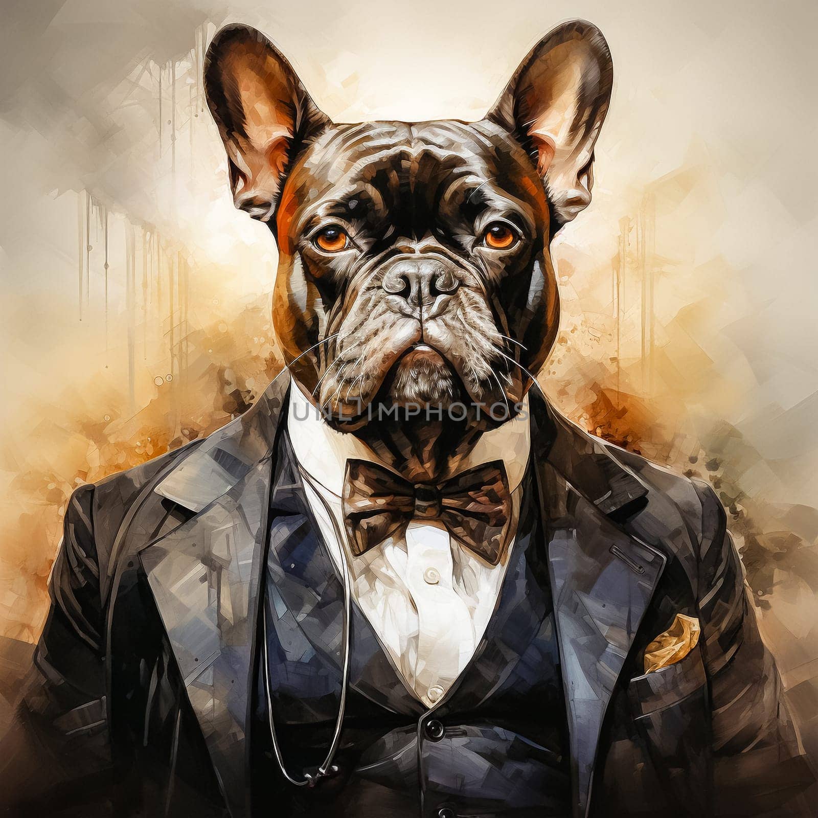A business watercolor of a dog in an elegant suit is a whimsical combination of the business world and natural charm, depicted with artistic flair.