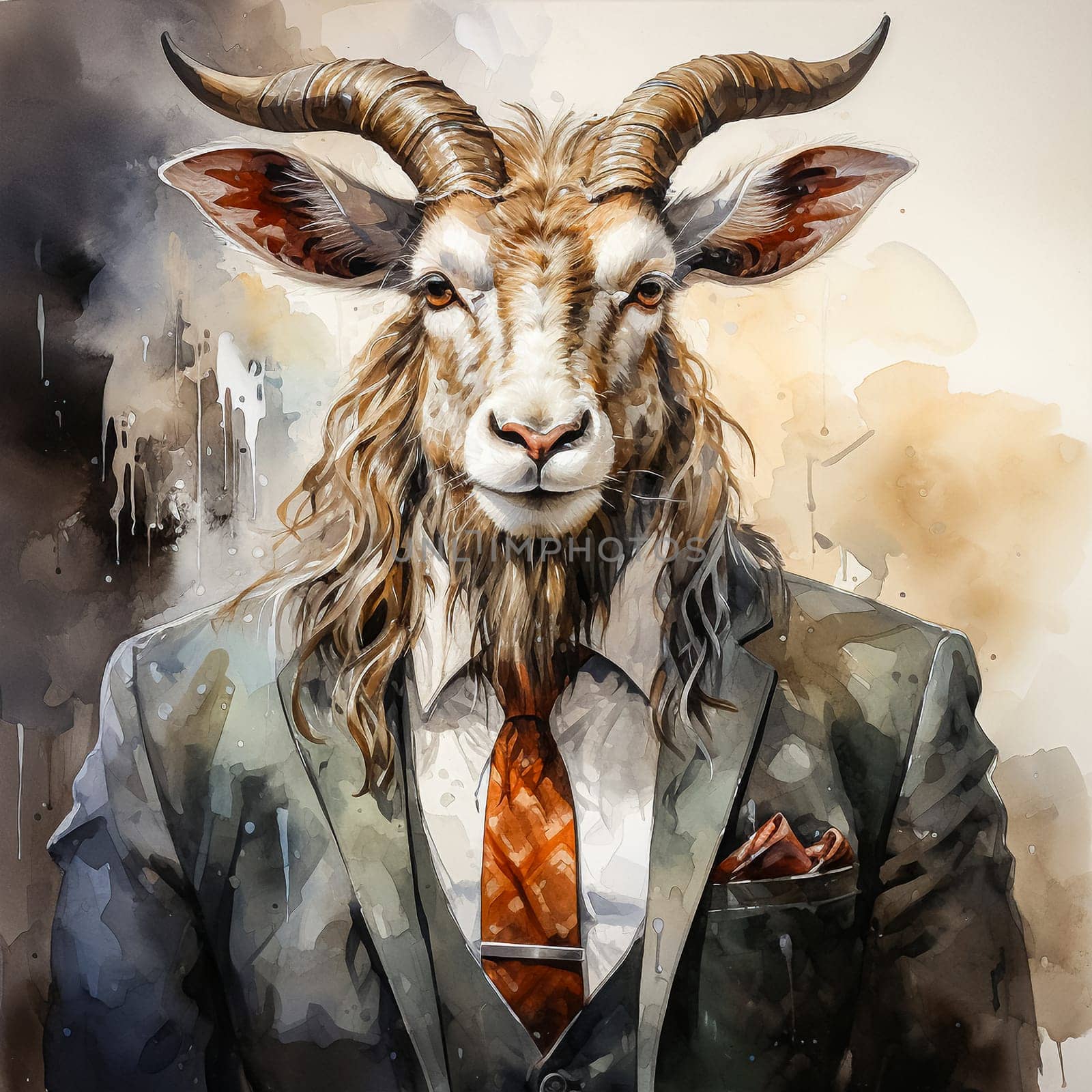 Business watercolors of a racing goat in elegant suits are a whimsical combination of the business world and natural charm, depicted with artistic flair.