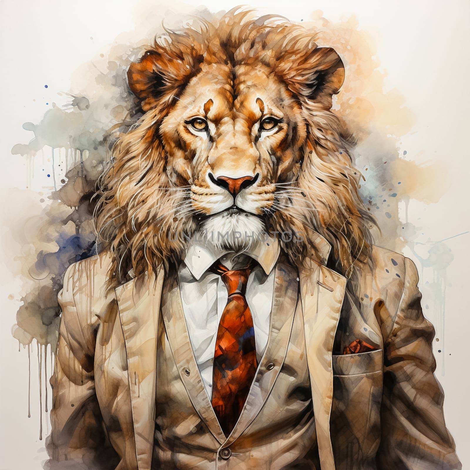 A business watercolor lion in an elegant suit is a whimsical combination of the business world and natural charm, depicted with artistic flair.