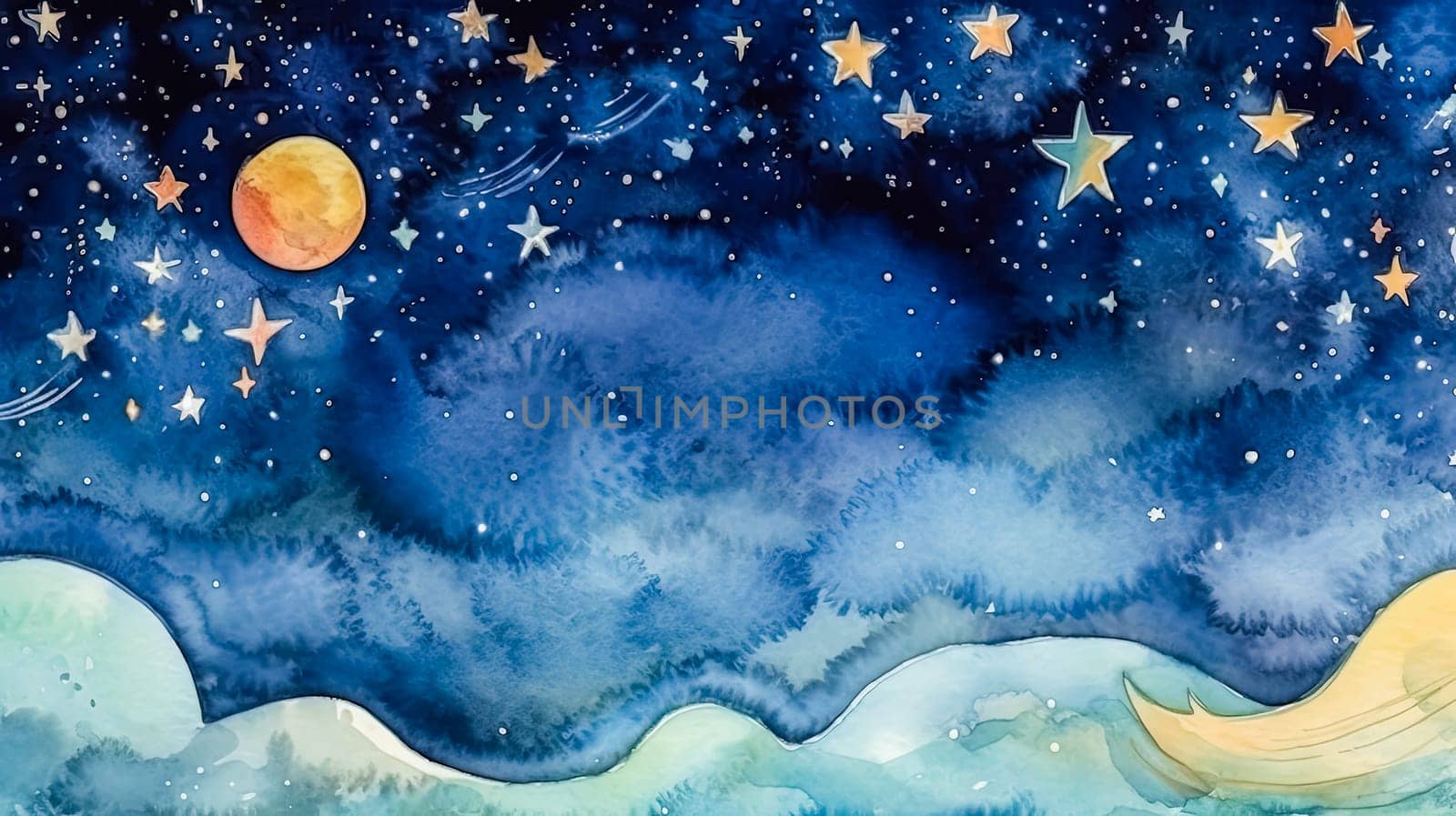 Watercolor magic unfolds in a starry sky, an enchanting celestial panorama that invites dreamers into the cosmic embrace of the night