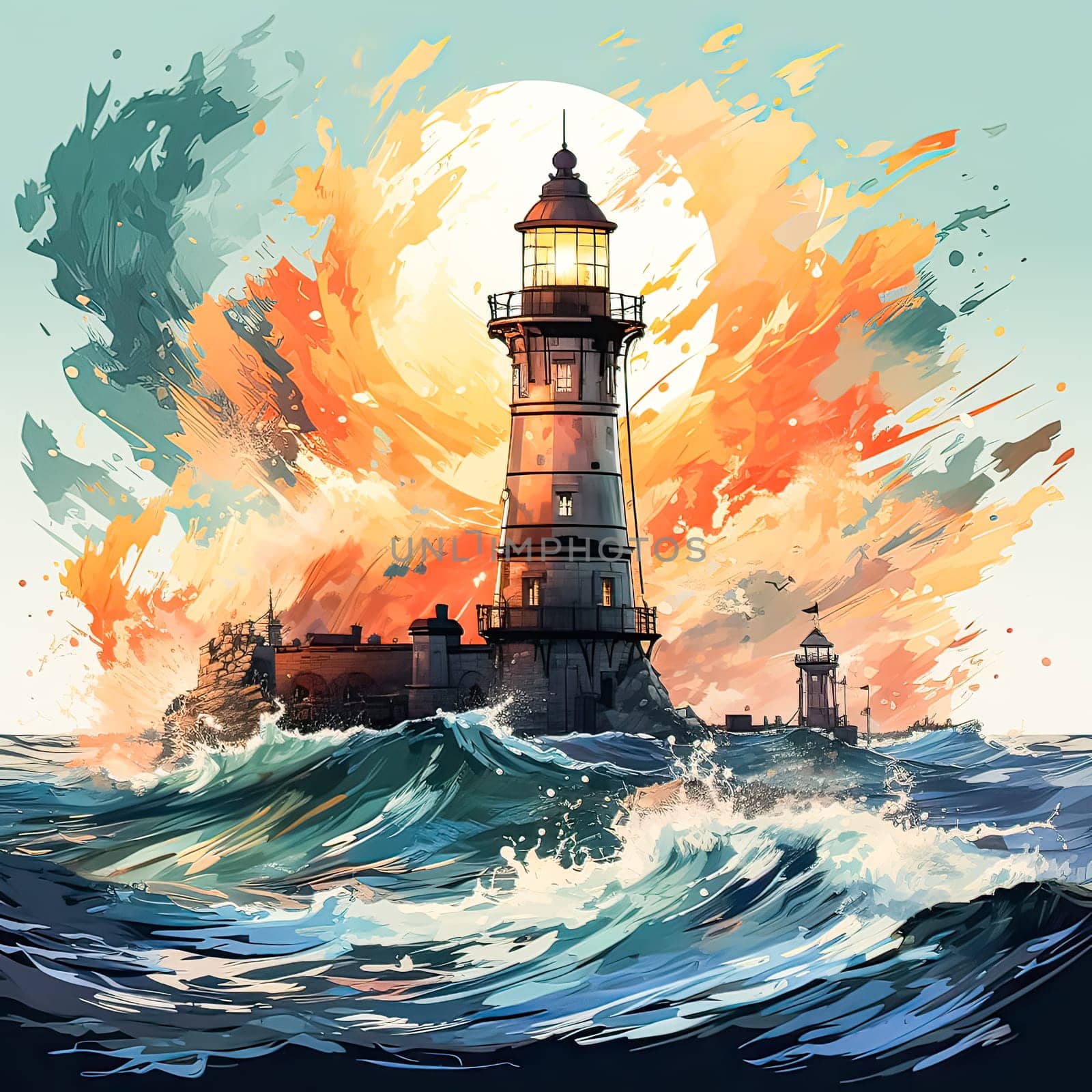 Dramatic watercolor A stormy sea frames a resilient lighthousean evocative by Alla_Morozova93