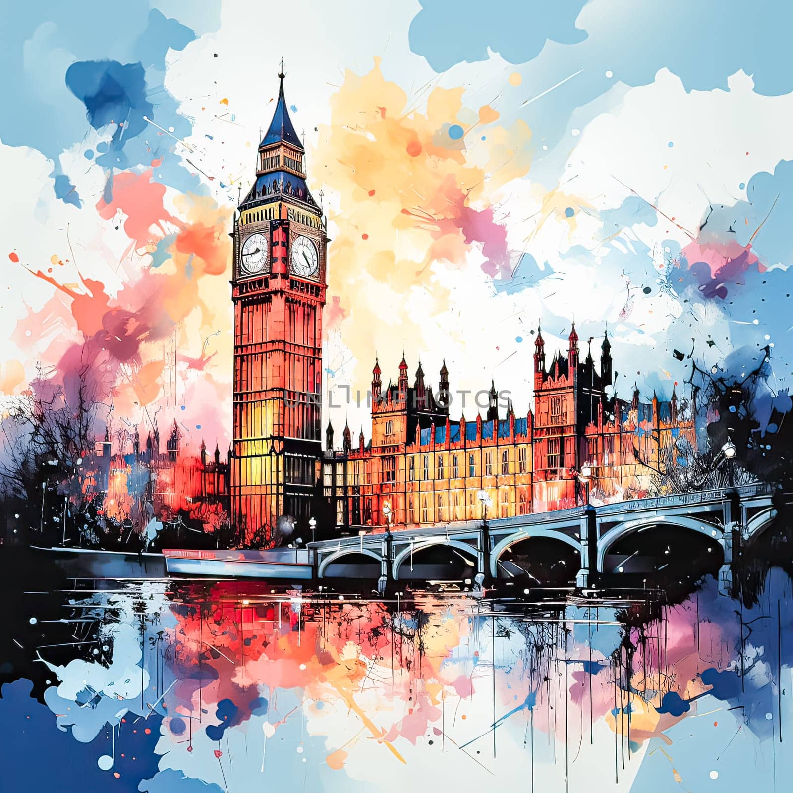 Sunsets embrace in watercolor Big Ben stands tall by Alla_Morozova93