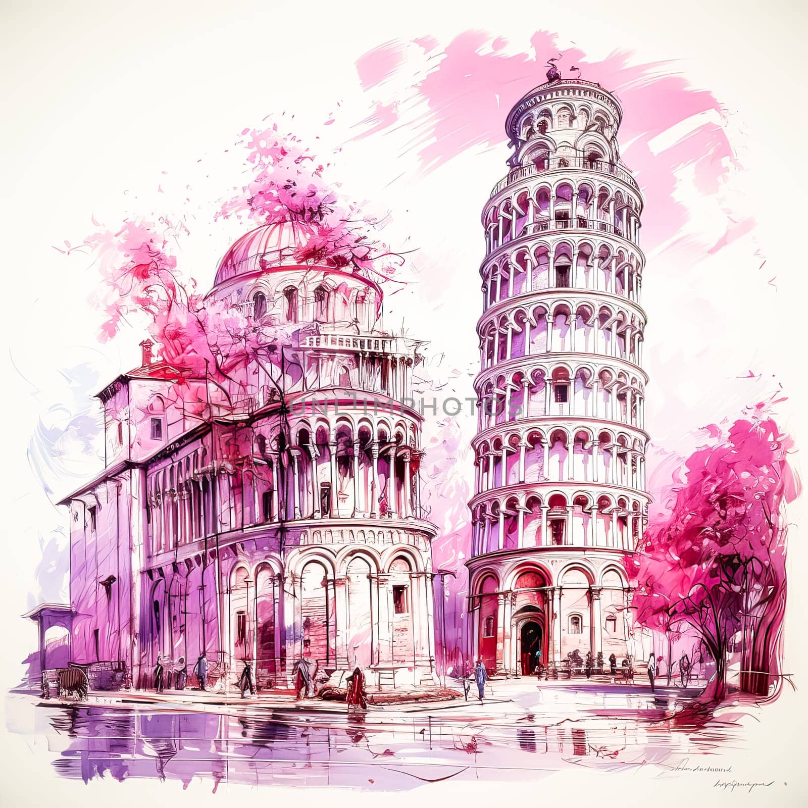 Leaning Tower of Pisa in watercolor A picturesque portrayal, capturing the iconic tilt with artistry and the allure of Italian architectural beauty