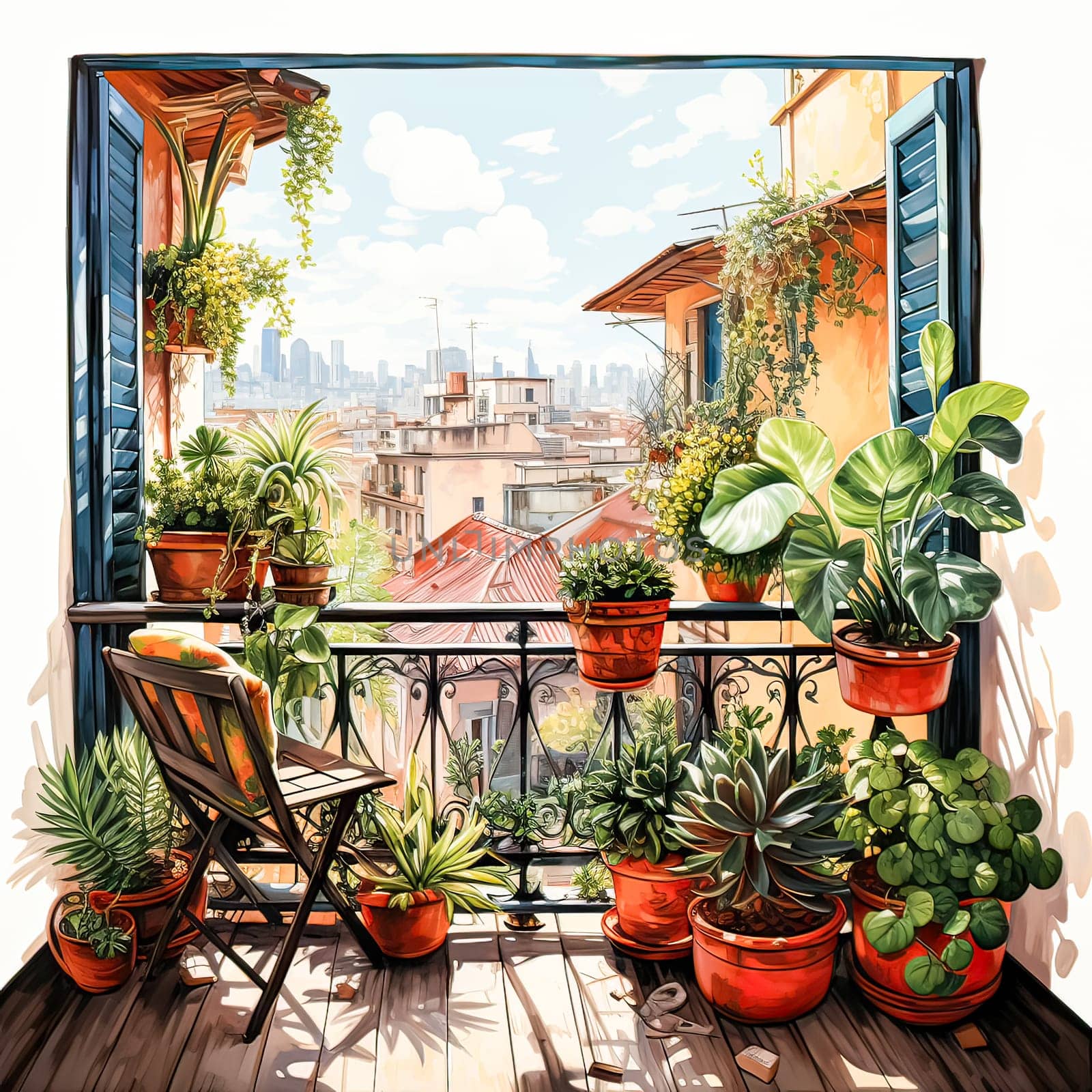 Watercolor oasis A balcony garden blooms in pots, a vibrant tapestry of plant life within the apartment, a verdant escape in the heart of home