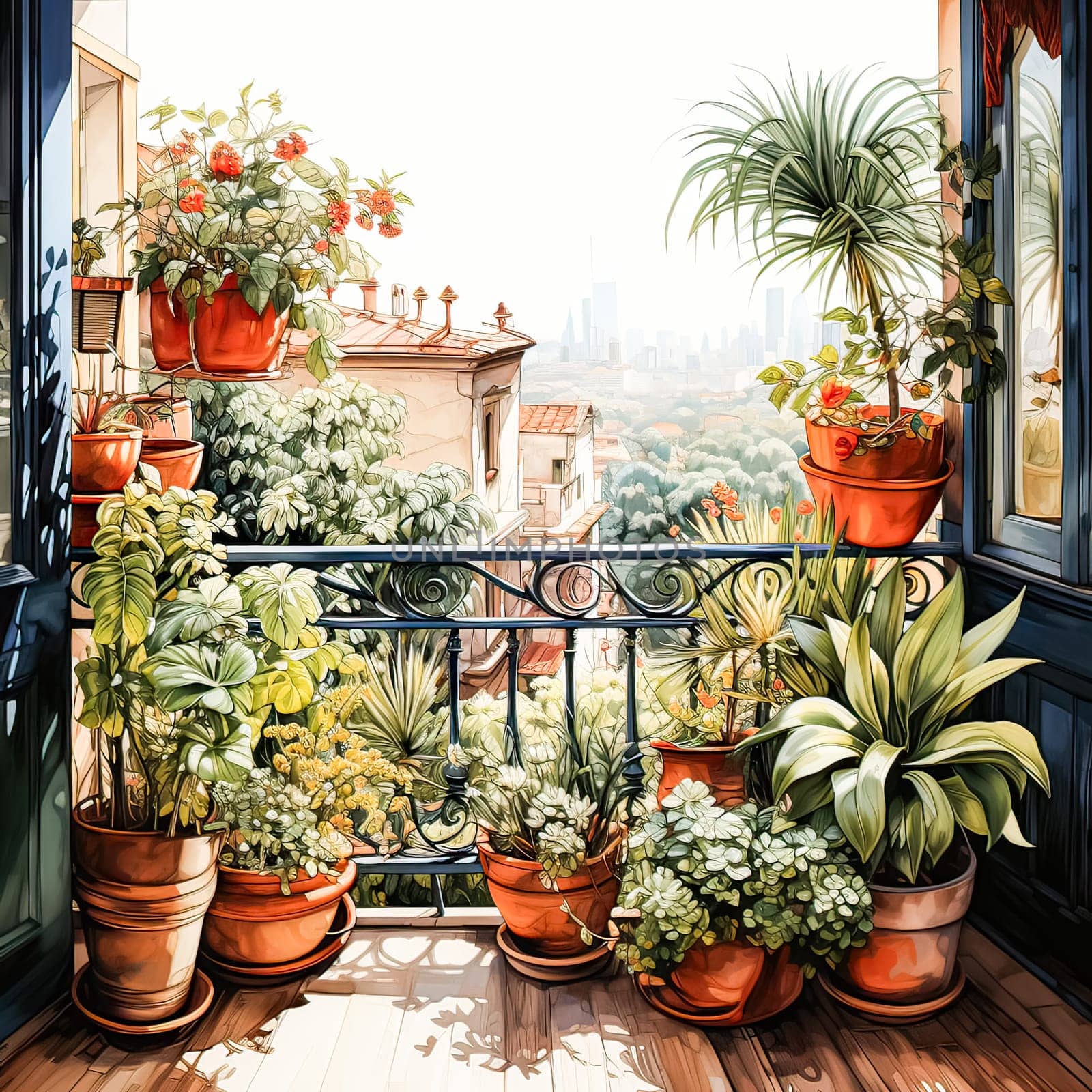 Watercolor oasis A balcony garden blooms in pots by Alla_Morozova93