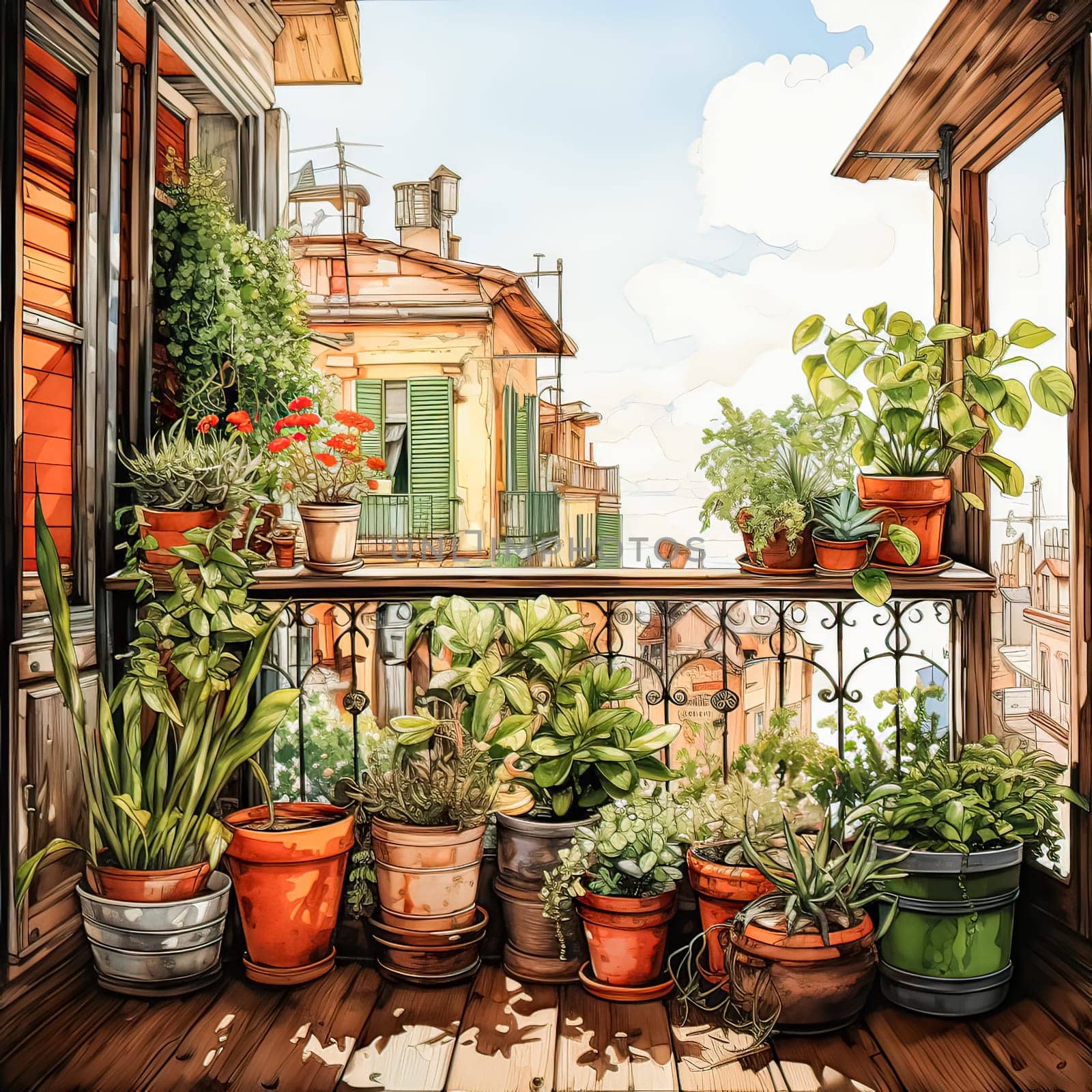 Watercolor oasis A balcony garden blooms in pots by Alla_Morozova93