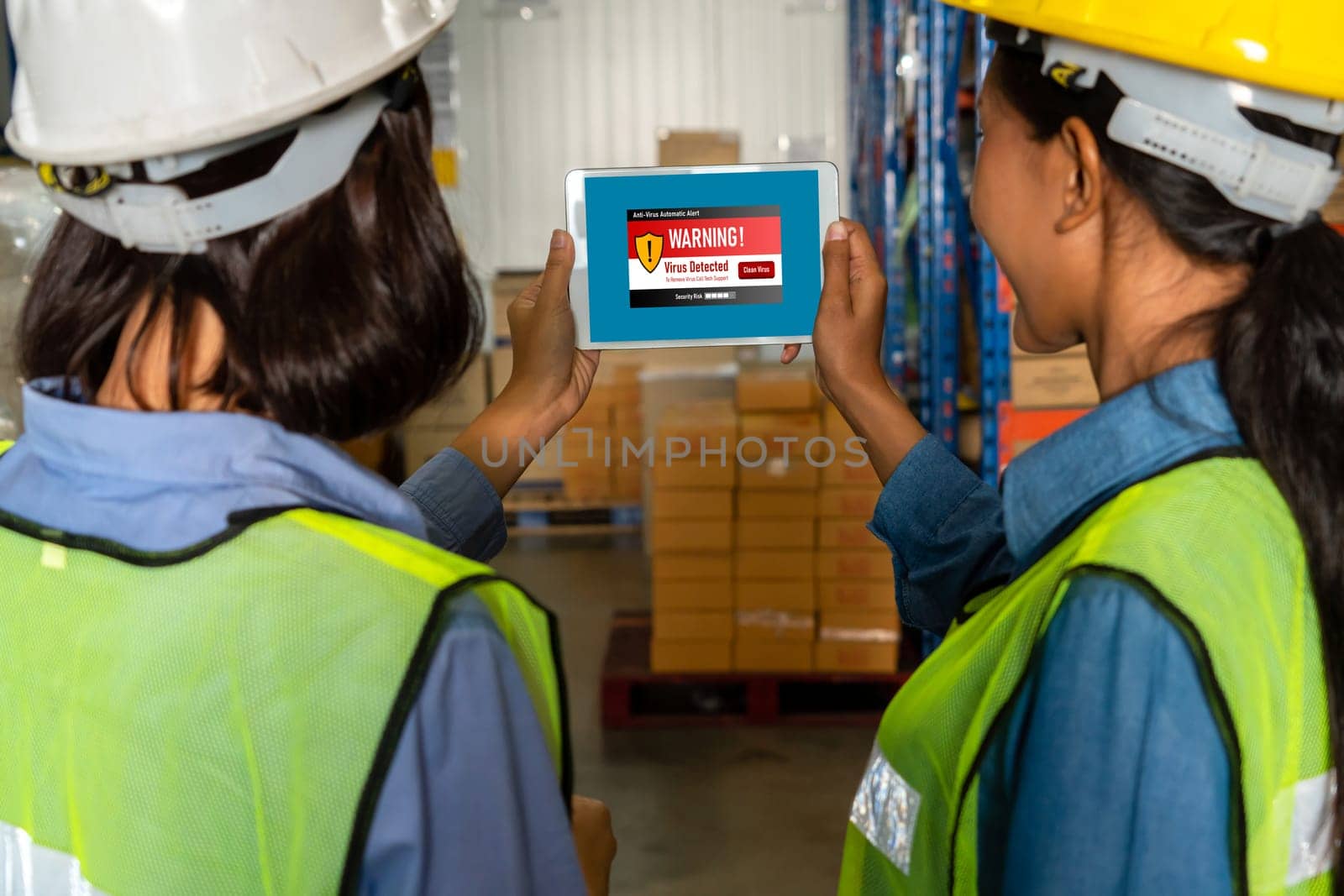 Computer with green screen display in warehouse storage room . Delivery and transportation software concept .