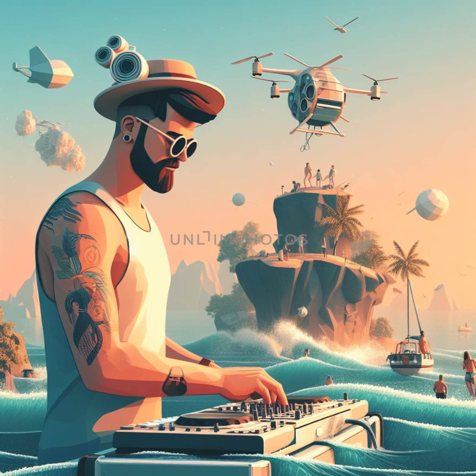 young deejay, wear glasses earphone hosting dj set at crowded beach party tropical island isometric by verbano