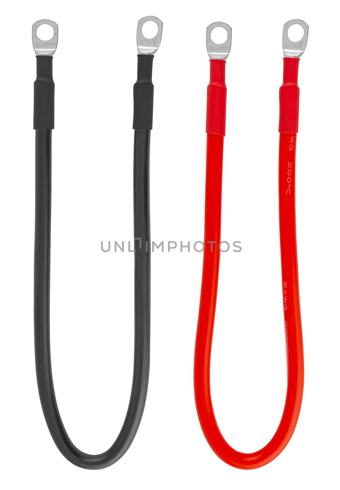 electrical cable with metal contacts insulated on white background