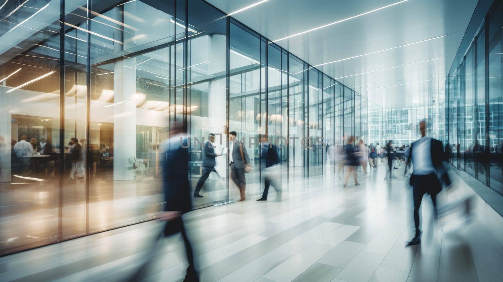 Business people rushing in office lobby with motion blur