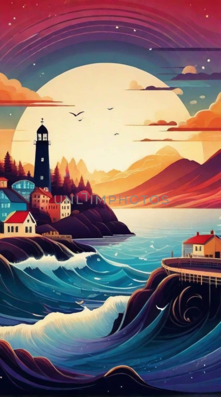 Beautiful and fantastically designed silhouettes of colorful seaside village, houses moon lited sky by verbano