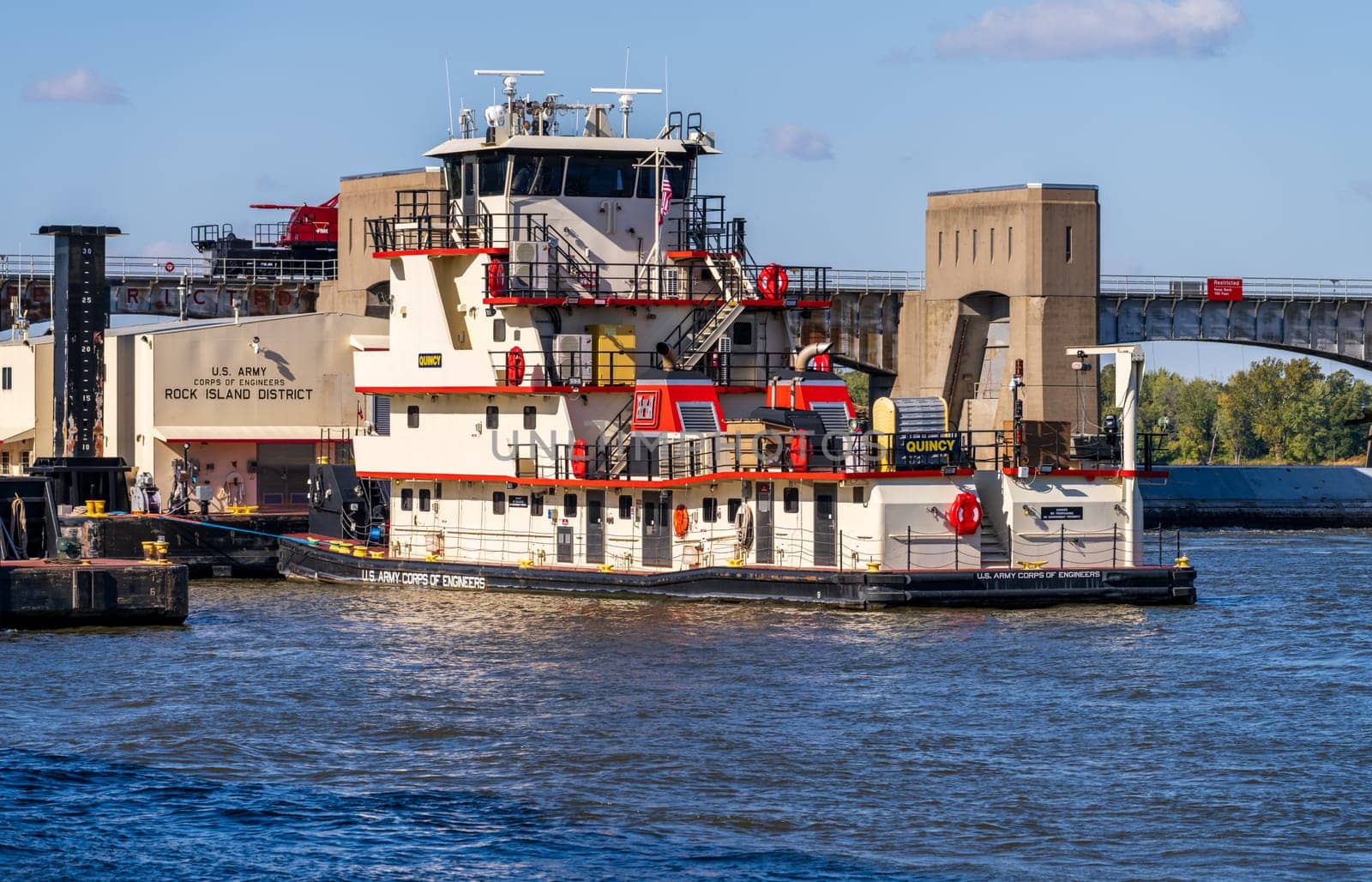 Hannibal, MO - 20 October 2023: Quincy tugboat at Rock Island District HQ working to renovate Lock and Dam no. 12 on Upper Mississippi
