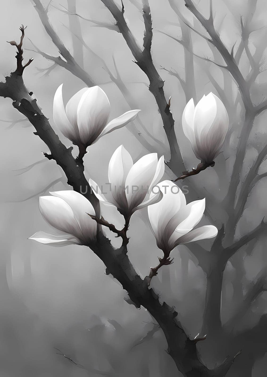 against the misty sky are white flowers on a branch, high detail, dark wood, march, magnolia stems, by rostik924