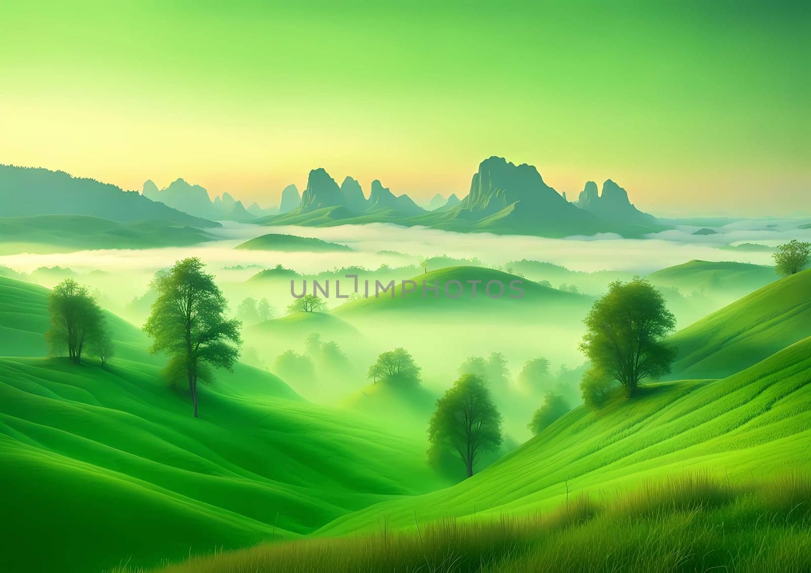 mountains with a valley in the distance and a few trees in the foreground, cheerful colors, high definition photography, in a soft green dawn, karst landscape, connectedness, layered fog, land covers lightly, hyperrealistic. Generative AI