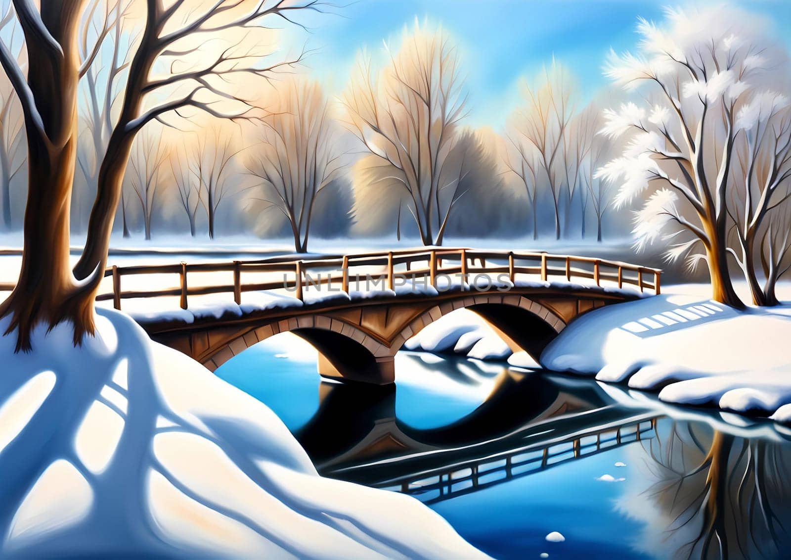 painting of a bridge over a river with snow on the ground, sunny park background, airbrush painting, unique landscape, Generative AI