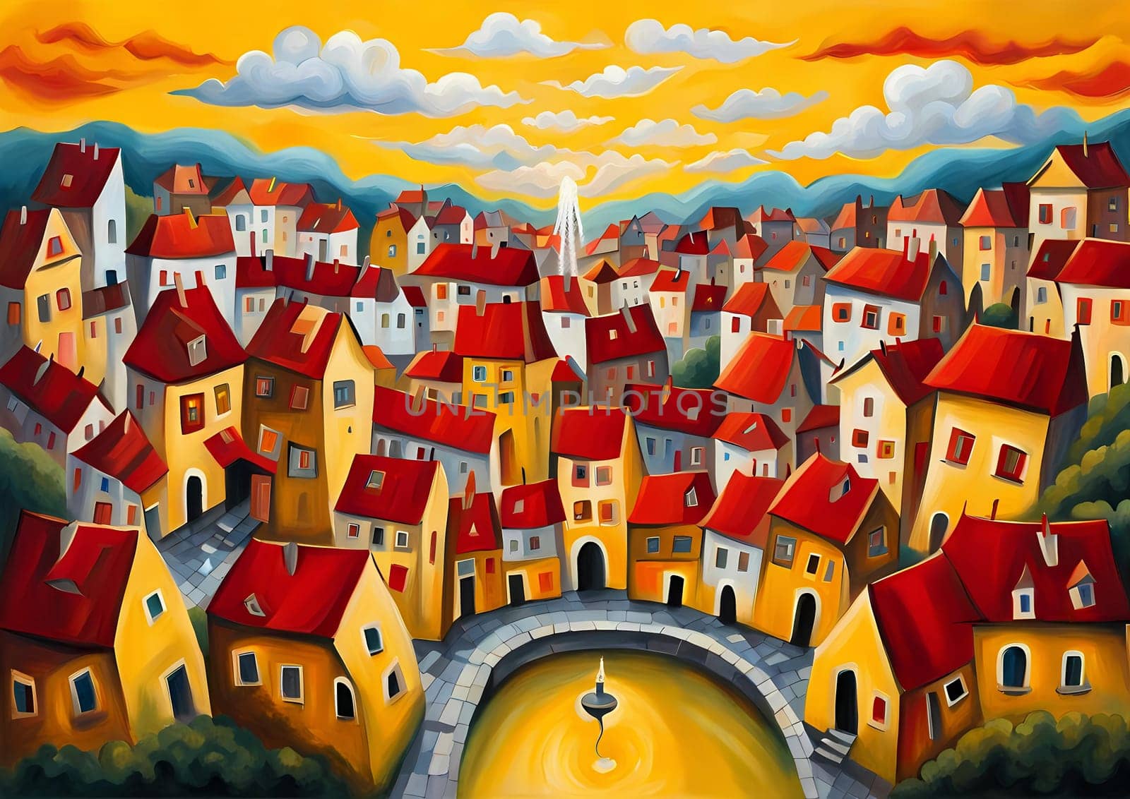 painting of a city with a fountain and clouds in the sky, dawn, transylvanian folk art, yellow and red, connectedness, maybe a fairy tale, houses on stilts, a tiny village, Generative AI