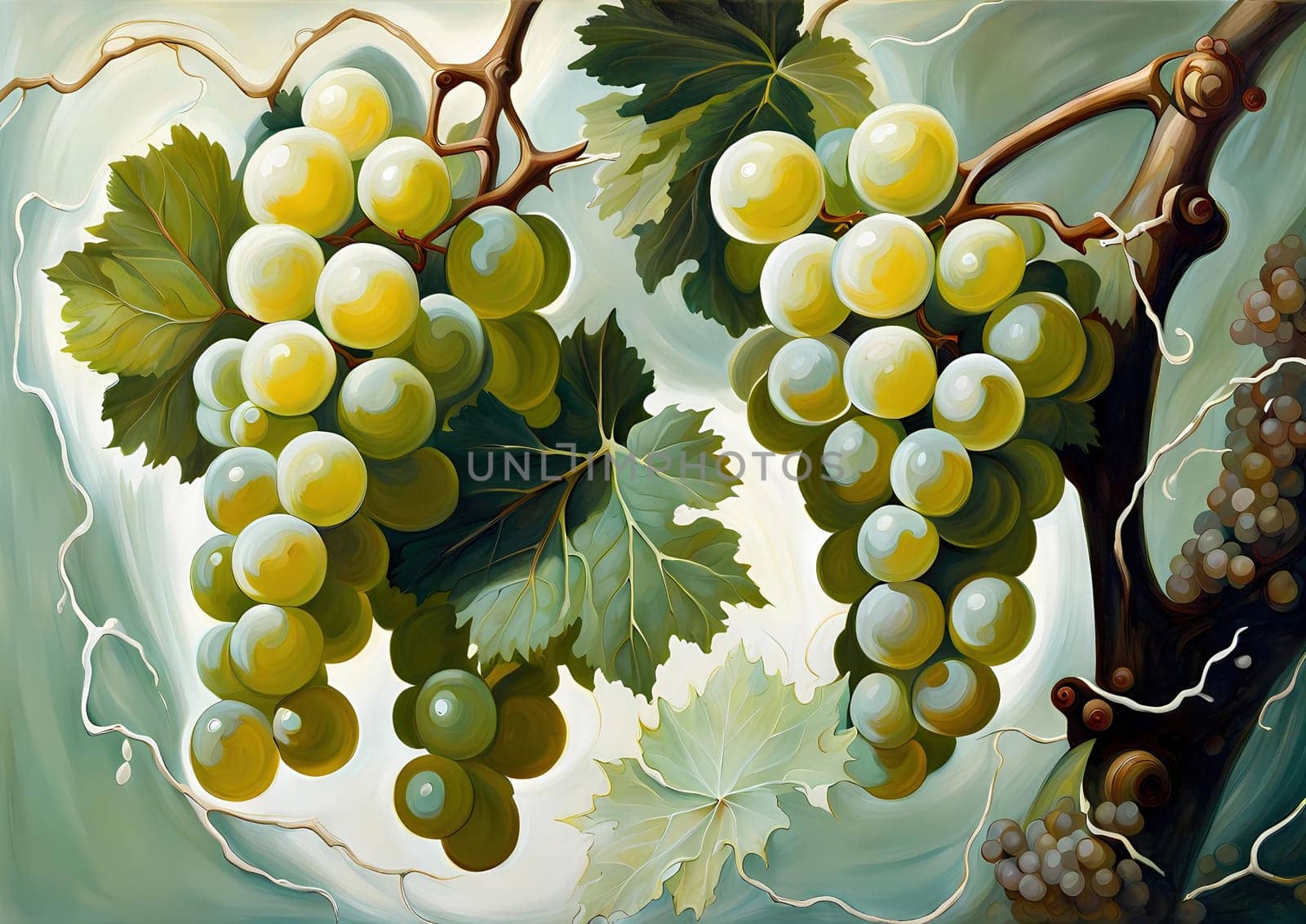 painting of grapes on a branch with leaves, sea foam, loosely trimmed, thick and dense vines, glowing white, dull green vine leaves. Generative AI