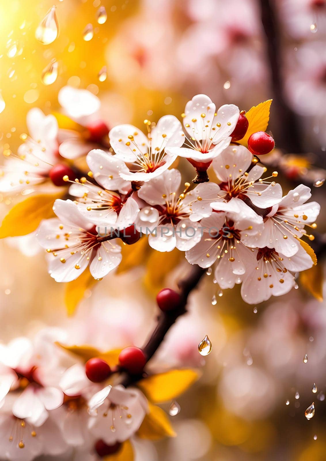 there are many drops of water on the flowers of the tree, beautiful wallpaper, golden theme, falling cherry blossom petals, the sun. drops like yellow gems, Generative AI