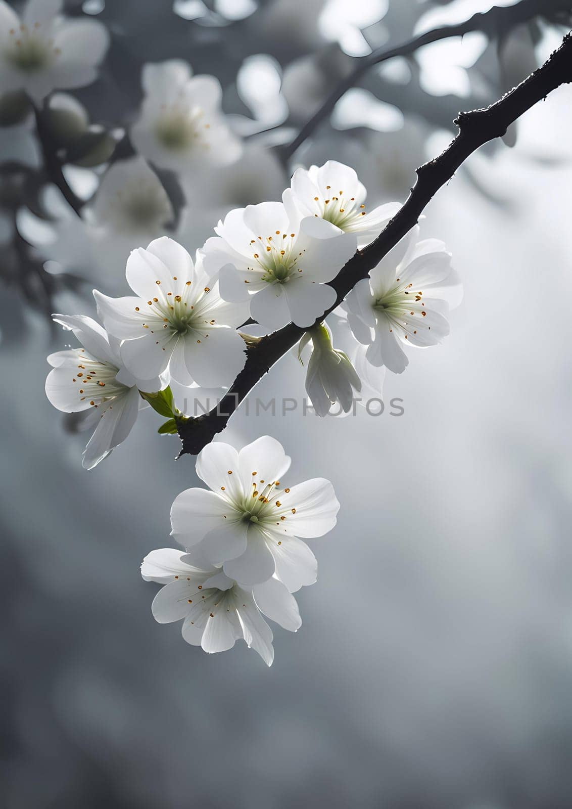 there are many white flowers on a tree branch in the fog, beautiful detail, with backlight, in beauty there is ugliness, gray background, by rostik924