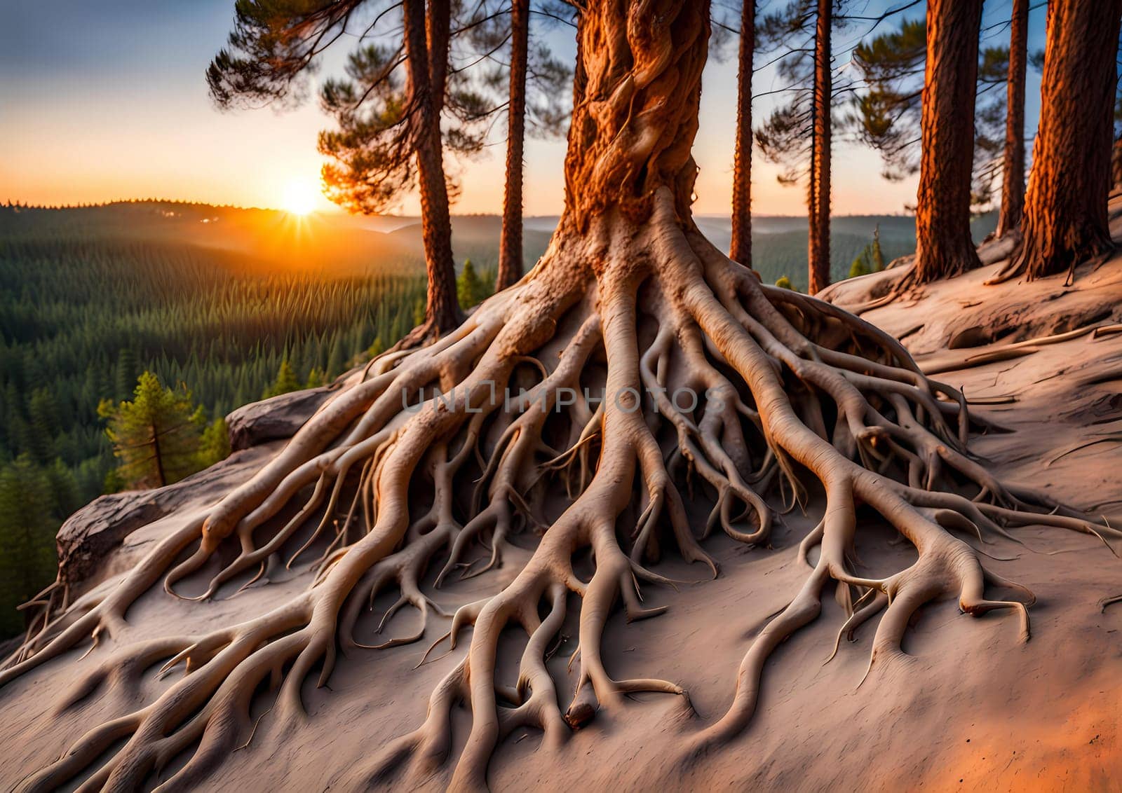 Tree roots on rock in forest with sunset photo print sandy shores tourist photography pine forest adapted to drier climates. Generative AI