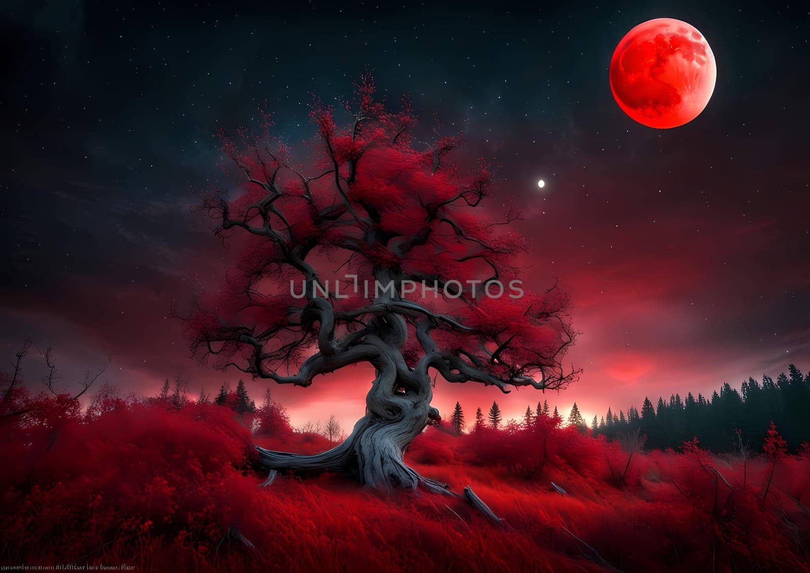 tree with red moon in the background, amazing color photography, kisses are magic without words, breathtaking digital art. by rostik924