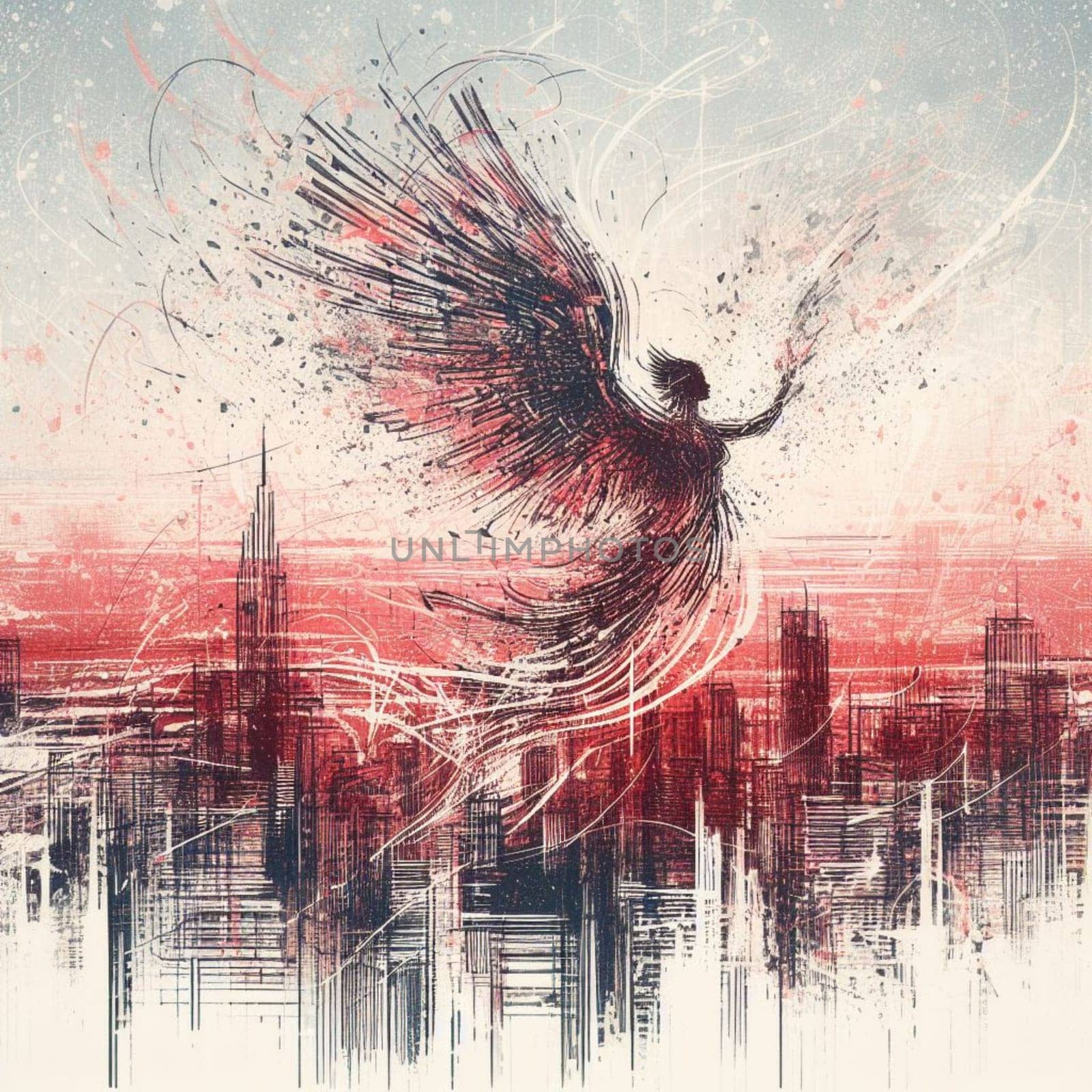 protective guarding angel over a cityscape red black drawing art by verbano