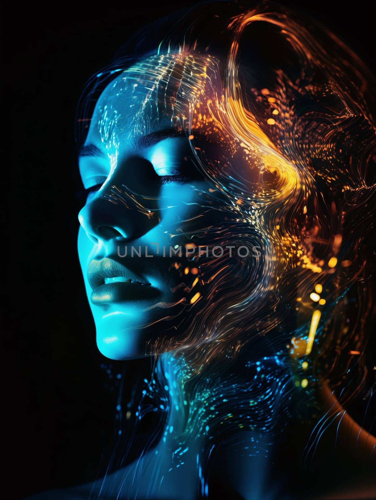 A young attractive woman with colorful glowing lines on her face, these glimmering light effects symbolize human brain activity and artificial intelligence by chrisroll