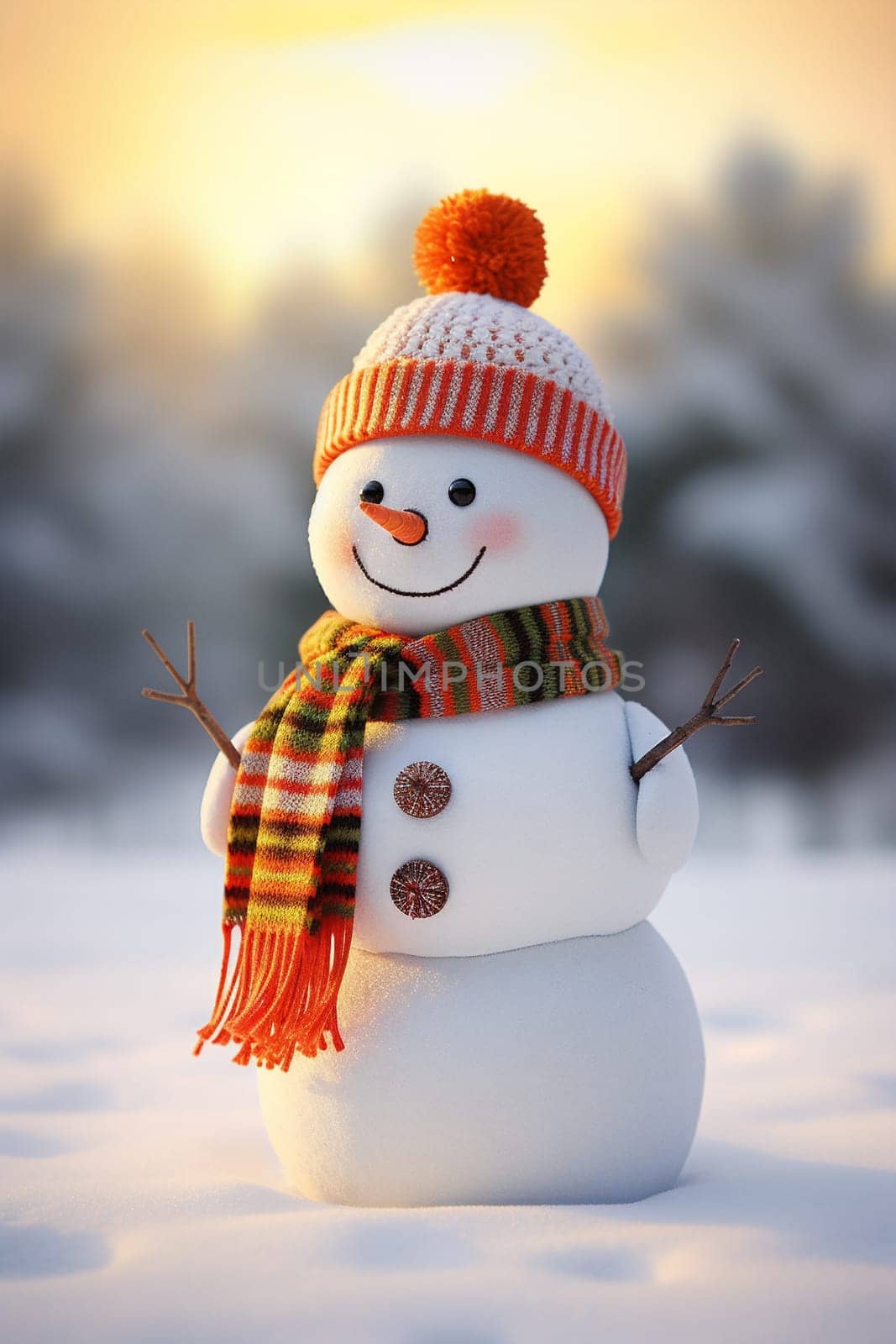 A festive snowman braves the winter chill, adorned with a cozy hat and scarf, spreading Christmas holiday cheer in the frosty outdoor wonderland