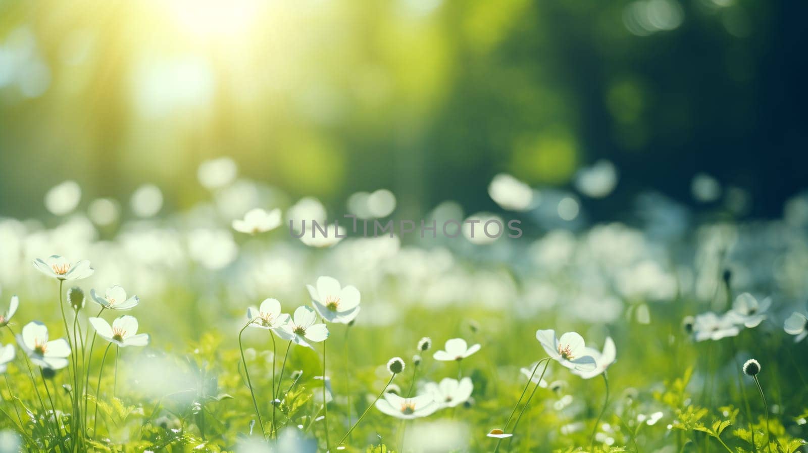 Wildflowers in fresh grass against blurred sunny background, ecology concept - AI generative