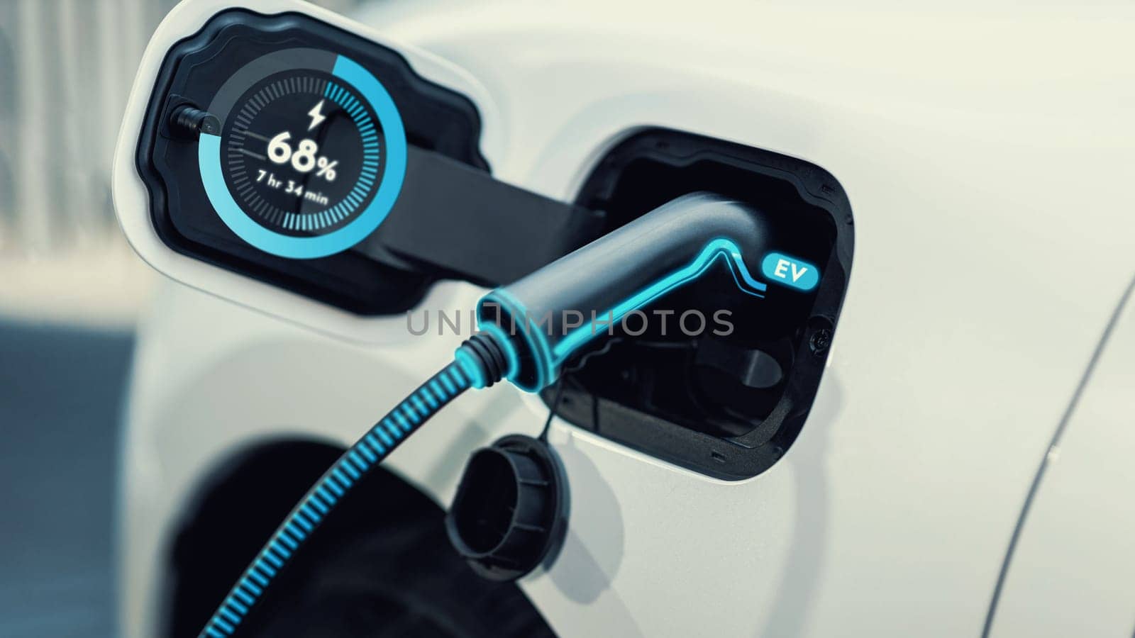EV charger from home charging station recharging electric car. Peruse by biancoblue