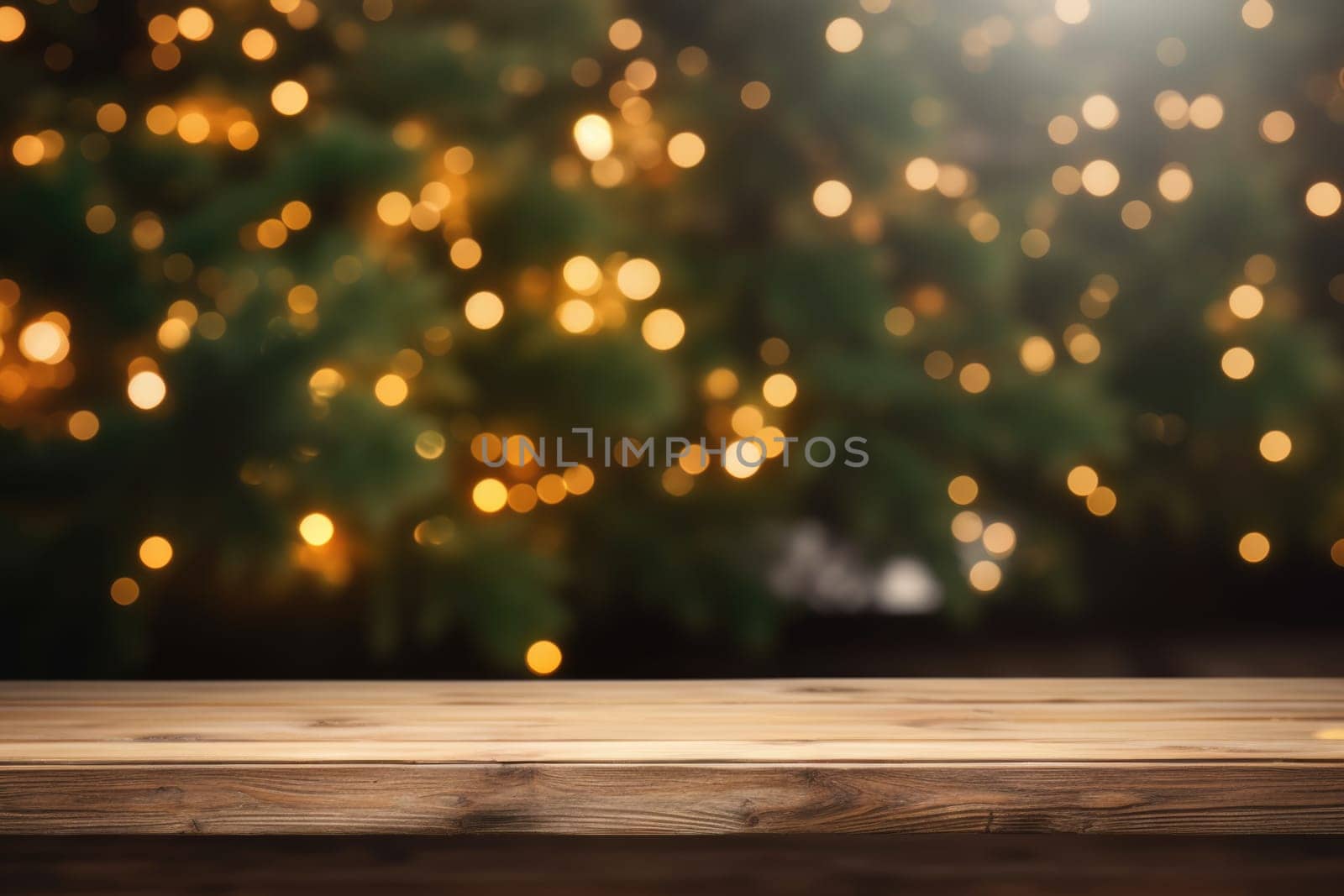 Merry Christmas and Happy New Year background with empty wooden table over Christmas tree and blurred light bokeh. Empty display for product placement. Rustic vintage Xmas 2024 background. comeliness