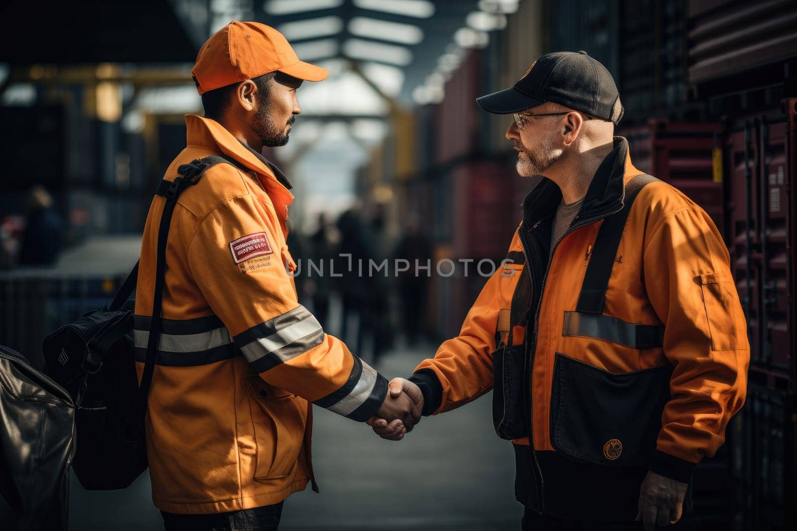 Logistic worker handshake and working together. Generative AI.