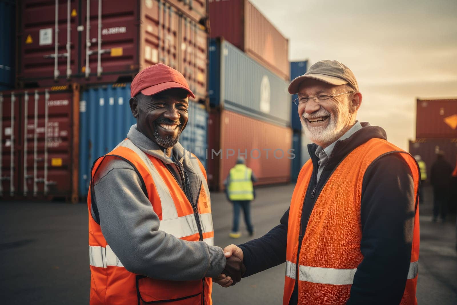 Logistic worker handshake and working together. Generative AI by itchaznong