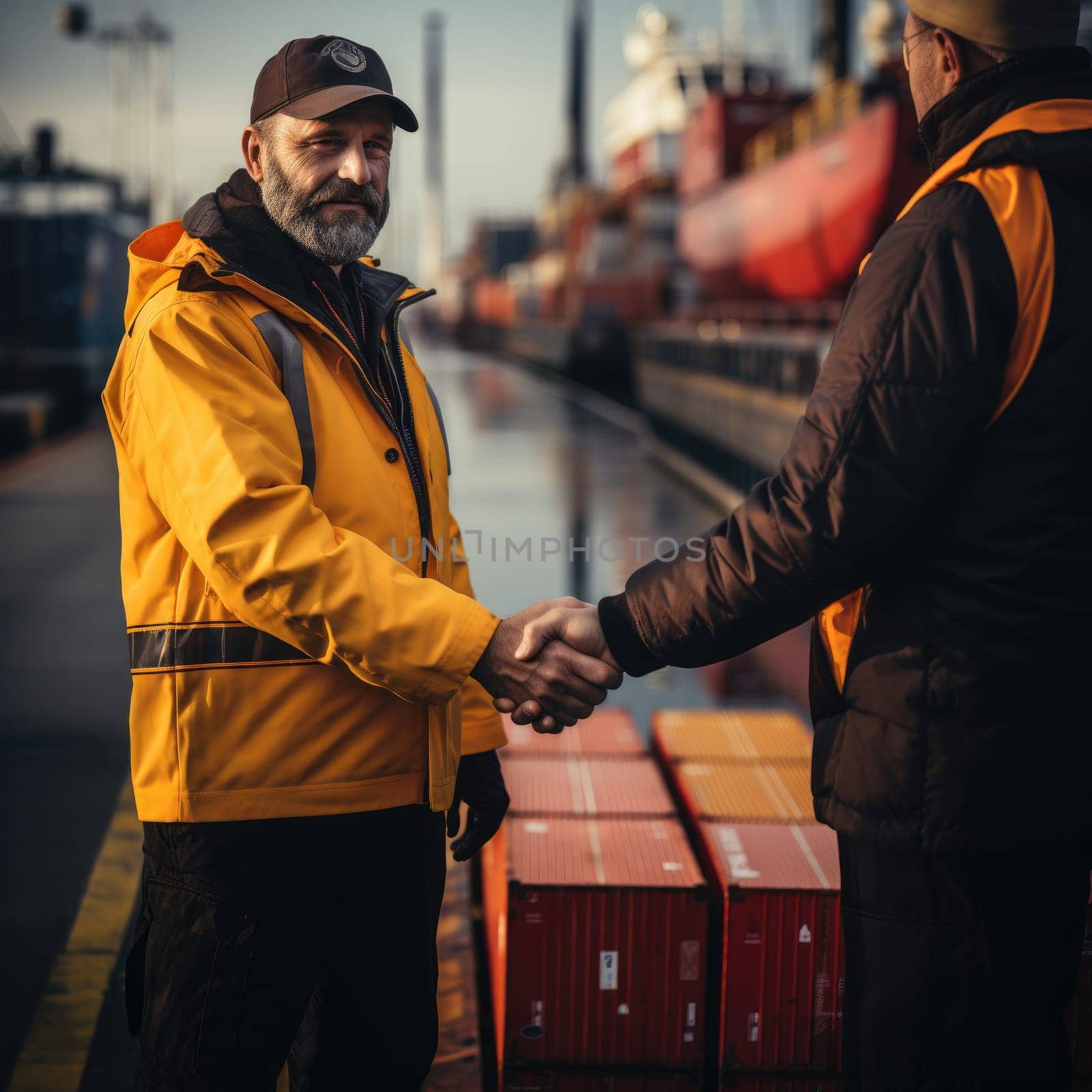 Logistic worker handshake and working together. Generative AI by itchaznong