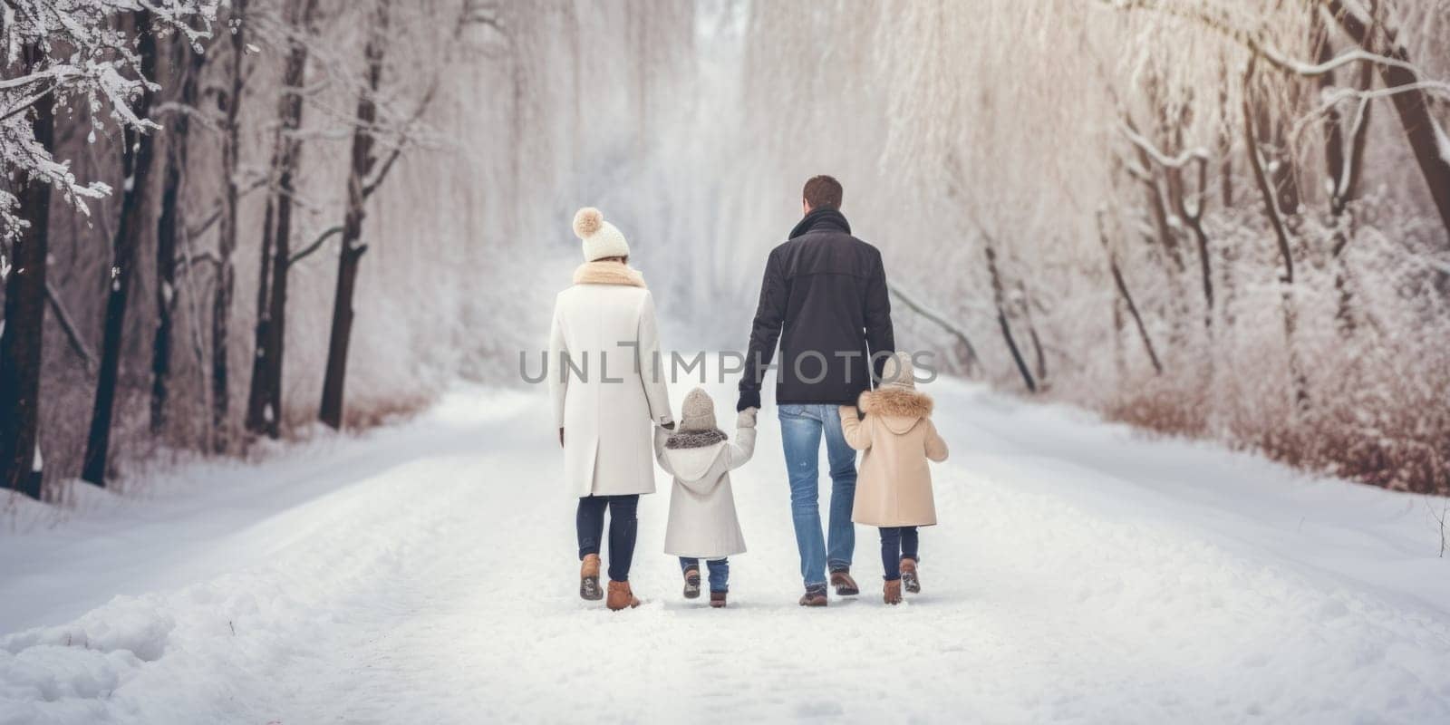 Happy family Father, mother and children are having fun and playing on snowy winter walk in nature. comeliness