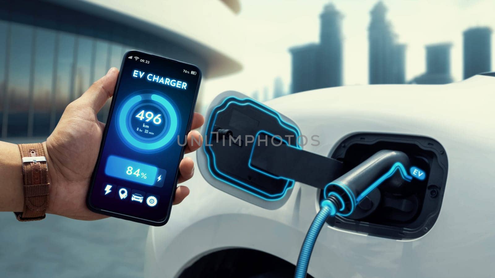 EV car battery status on EV smartphone application while recharge battery from public city charging station. Innovative technological advancement of EV car and alternative energy utilization. Peruse